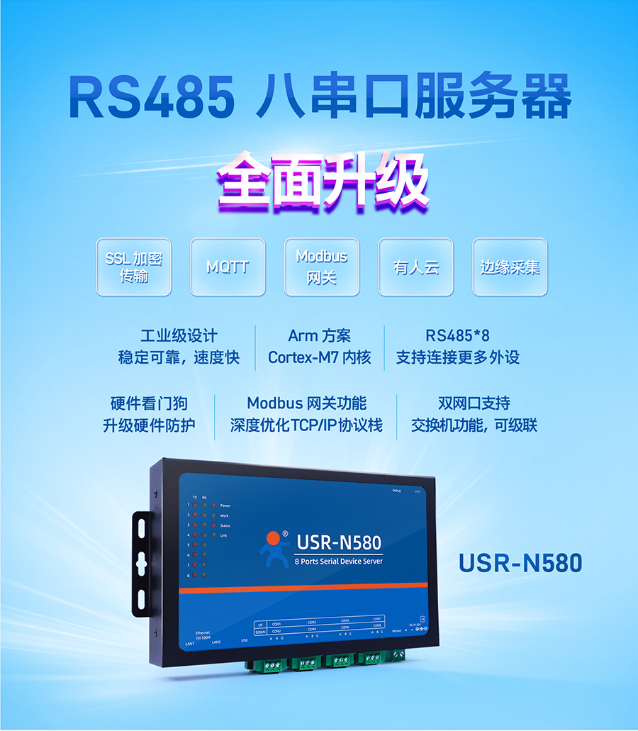 八串口服务器_RS485工业级8串口服务器_modbus网关_TCP/IP协议栈